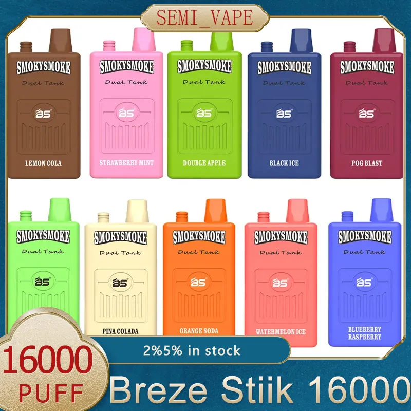 Originele Breze Stiik 16000 Rookwolken Dubbele tank (36 ml) 18 ml x 2 Pods met oplaadbare 650 mAh Mesh-spoel Oplaadbare batterijwolk 16000 Wegwerp Vape Pen Pod Ecig-bladerdeeg 16k