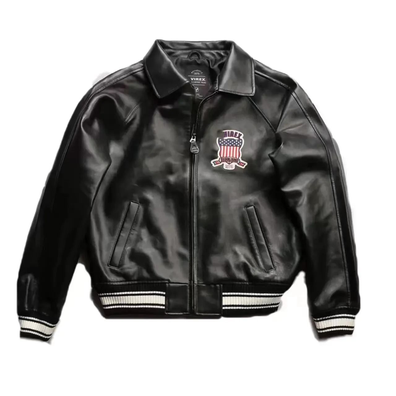 Avirex Black Lapel Leather Jacketカジュアルスポーツフライトスーツ1975米国YSUW