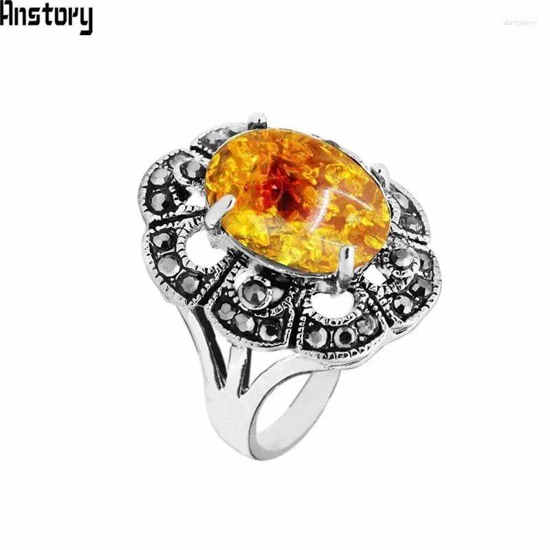 Cluster Ringen Ovale Gesimuleerde Ambers Voor Vrouwen Antiek Verzilverd Strass Pruimenbloem Hars Vintage Sieraden TR707