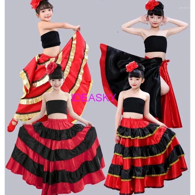Bühnenkleidung Spanisches Kostüm Mädchen Langes rotes Flamenco-Stil Kleid Ballsaal Rock für Mädchen Kind Schwarze Tanzkleider Kostüme Kinderkleidung