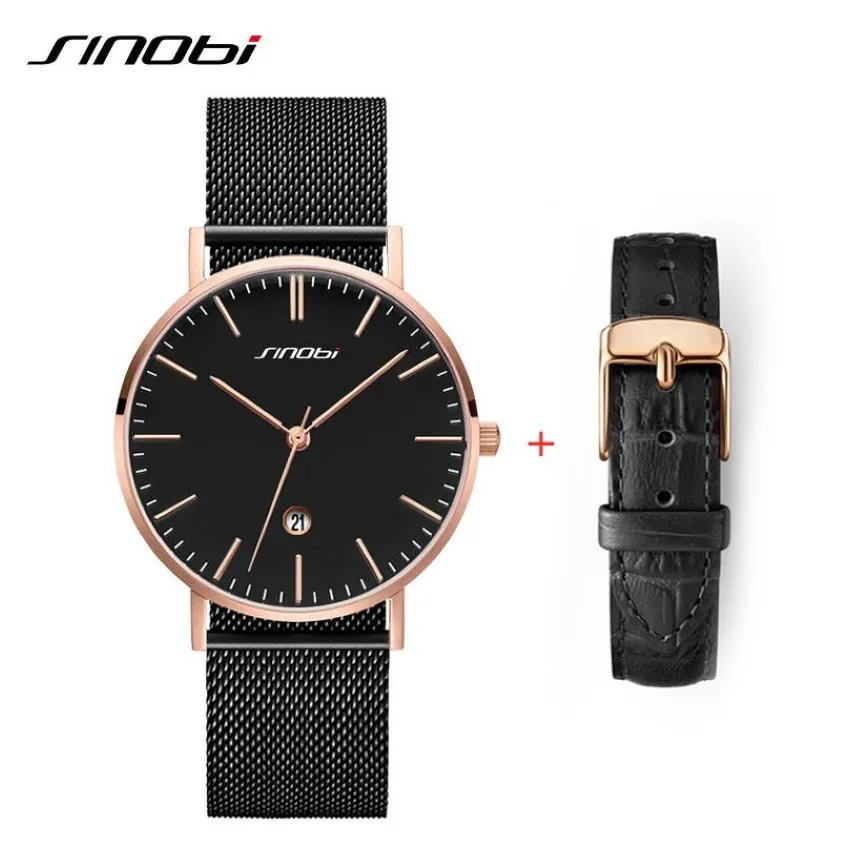 SINOBI hommes montres homme d'affaires en acier inoxydable maille bande calendrier Quartz montre-bracelet simple analogique hommes montre bracelet en cuir Set347h