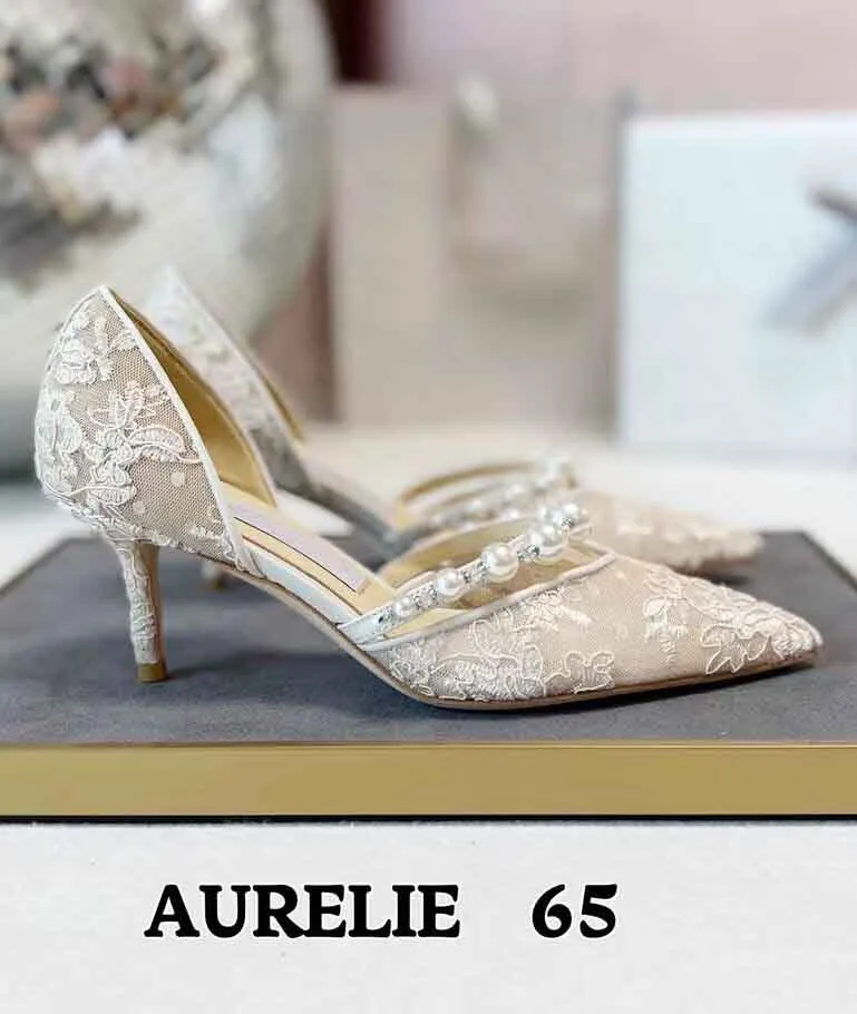 Свадебные сандалии Aurelie для вечеринок, женские туфли-лодочки с острым носком и жемчужной отделкой, белые, черные кружевные туфли для свадебных вечеринок на высоком каблуке EU35-43 с коробкой