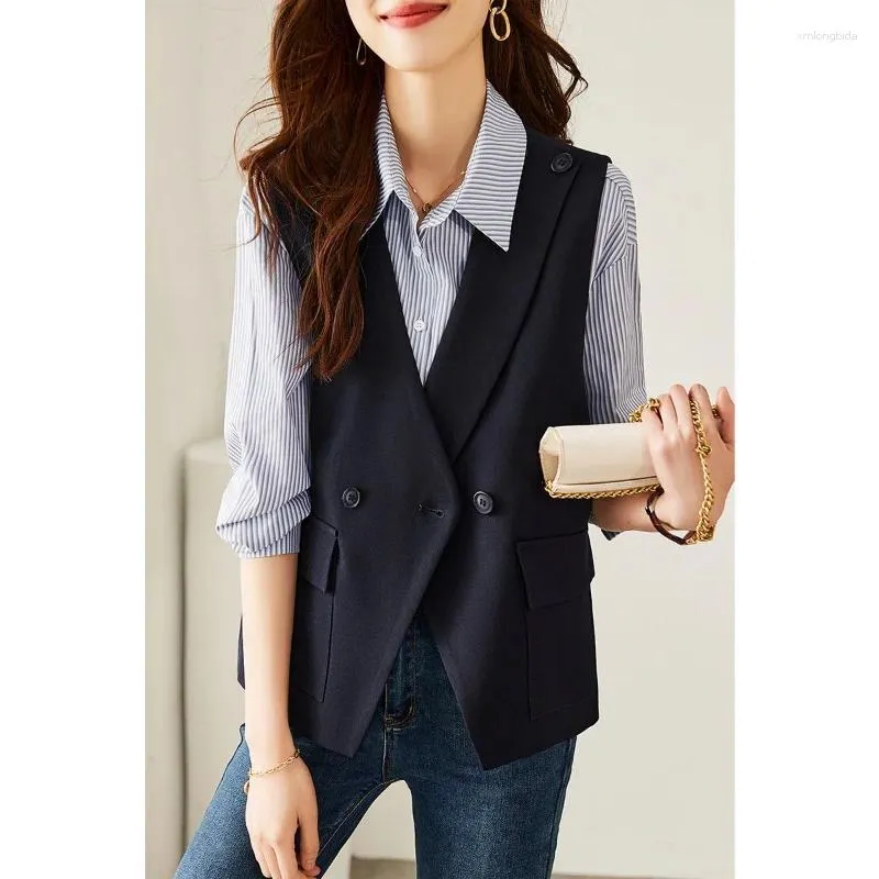 Women's Vests Korean Fashion Suit Vest Women Short Tops Cardigan 2024 Spring Autumn Coats Double Breasted Waistcoat Sleeveless Jacket