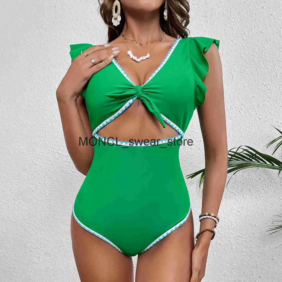 Kobiety dla kobiet kamizelki Ruffe One Piece Swimsuit Seksowne głębokie w szpic Monokini 2024 Nowe kwiaty nadruku push up bodysuit żeńska plażowa-24220