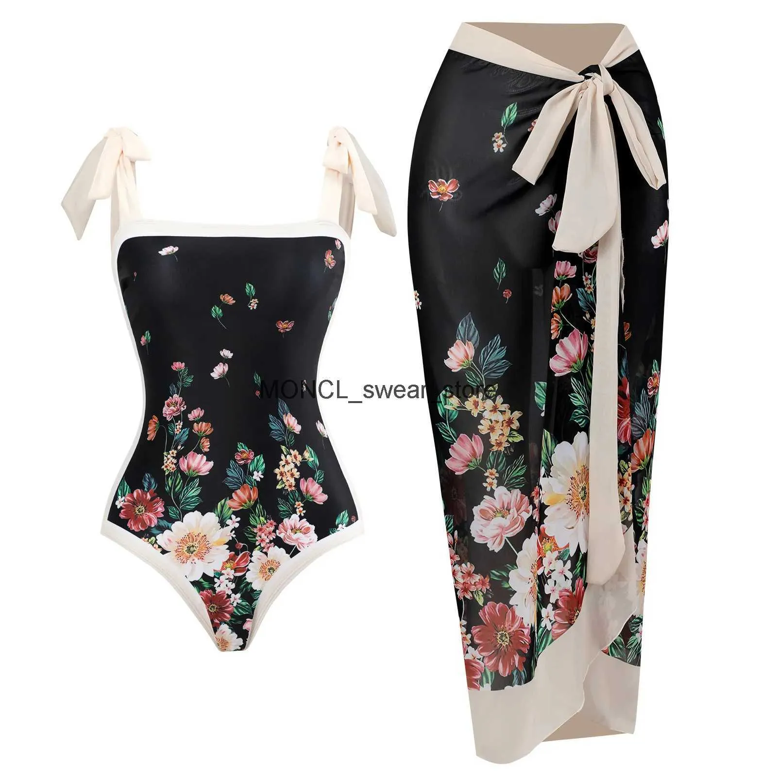 Traje de baño para mujer, novedad de 2023, traje de baño Retro de una pieza, falda con hombros descubiertos, estampado Floral, traje de baño adelgazante para mujer, ropa de playa H24220