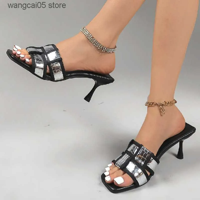 Slippers Color blocking plaid high heels flip flops womens head crocodile pattern fashion shoes high heels T240220