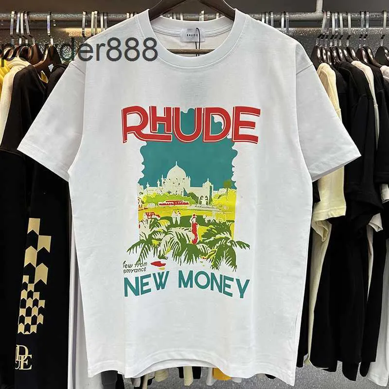 Erkek Tişörtler Rhude T-Shirt Kalesi Hindistan Cevizi Ağacı Pencereleri Scenic Sıradan Gevşek Nefes Alabilir Kısa Tişörtlü Kadın Kadın Çiftler Üst Tee 230816 Bknq