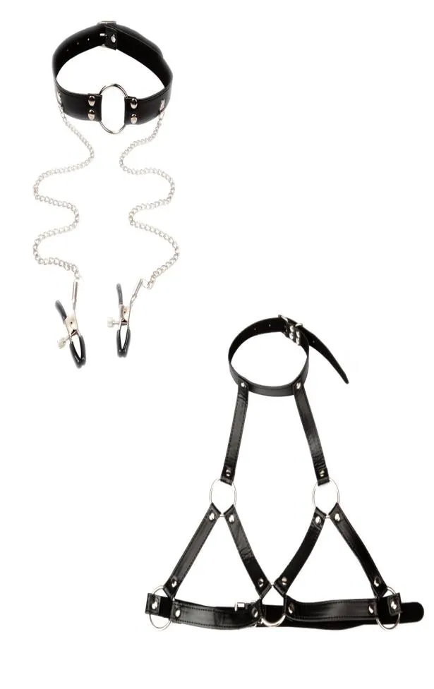 New Design Bondage Gear Set Mouth Gag Head Harness with Nipple Clamps and Breast Restraint Harness Faux Leather Erotic Costume B032567522