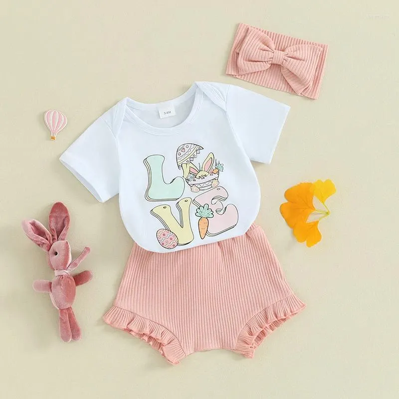 Kledingsets Geboren babymeisje Paasoutfit Kleine romper met korte mouwen Staart Shorts Hoofdbandset Schattige kleding