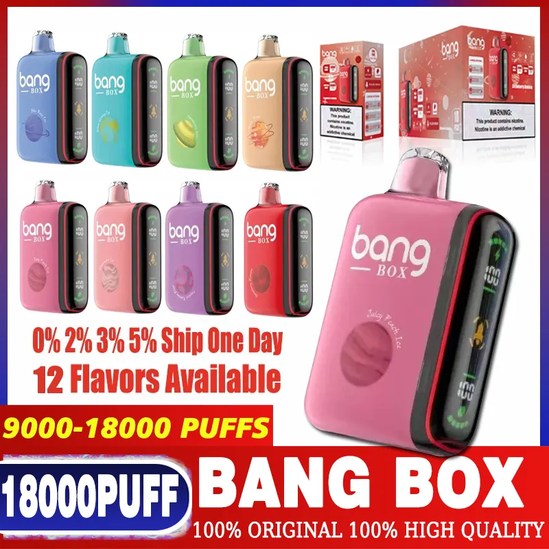 Bang Box 9000 bouffées et Bang Box 18000 bouffées Vape jetable 0% 2% 3% 5% Puff 9k 28ml Préchargé 650mAh Rechargeable Affichage intelligent de la bouffée de puissance 18k