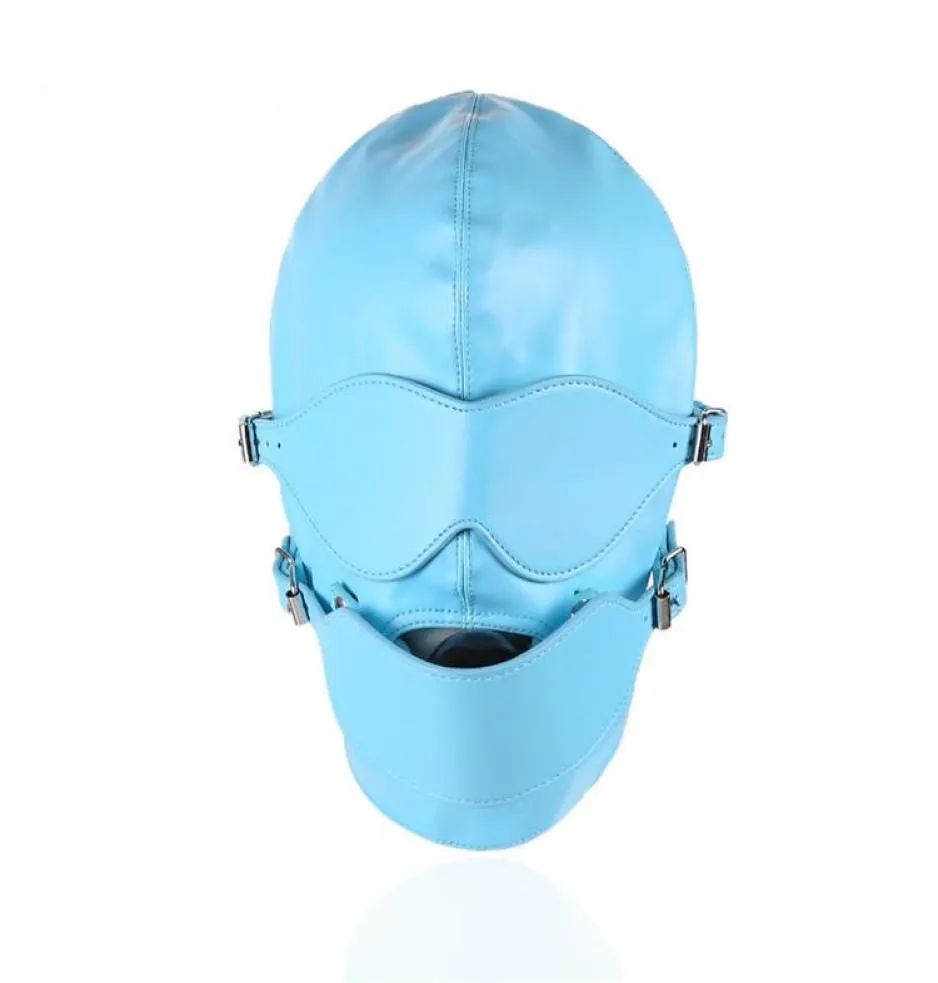 Masque de tête d'équipement de Bondage bleu, capuche avec bouche Gag, masque pour les yeux détachable, jouets sexuels pour adultes gn3118000405086936