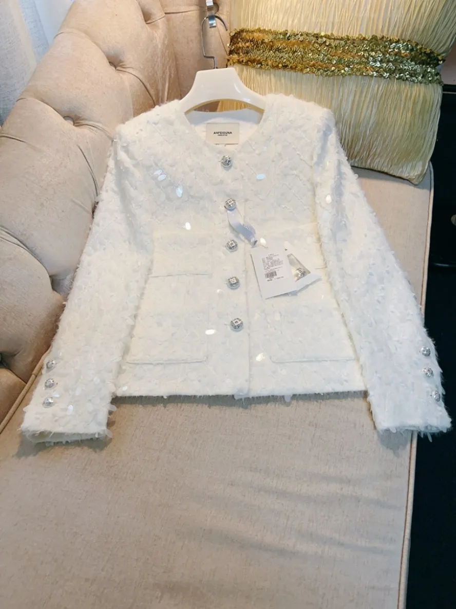 Printemps blanc couleur unie paillettes Tweed veste à manches longues col rond boutons simple boutonnage vestes manteau court vêtements d'extérieur O3O116636