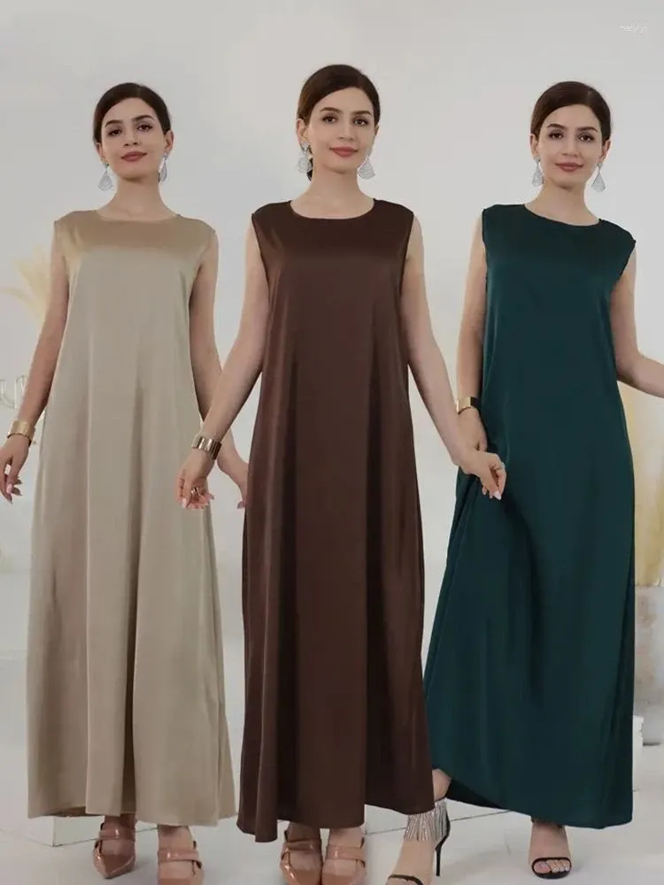 Etniska kläder Silky Satin Abaya Under Dress Islamic Inside Abayas Robe With Belt Muslim Sleeveless Inner Dresses for Women Dubai Turkiet