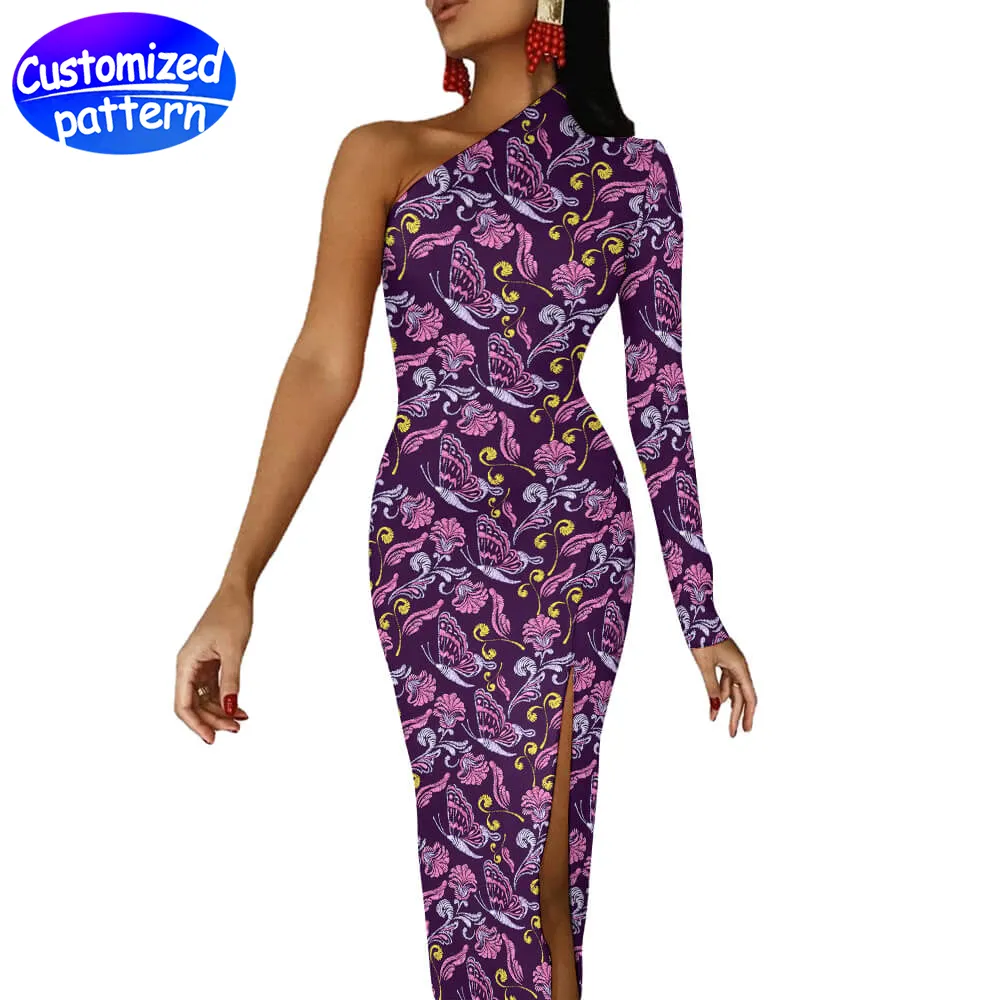 Custom women's half-sleeve split dress HD pattern Shoulder neck pad Shoulder zipper Design Soft breathable trim Board type 85% polyester +15% cotton 338g purple