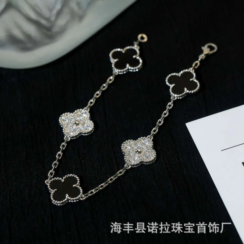 Van Clover Gold High Edition Four Leaf Grass Five Flower Bracelet Light Luxury Versatile White Gold Diamond Black Agate Bracelet