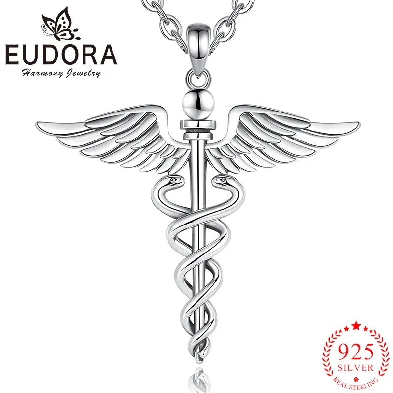 Pendants Eudora 925 Sterling Silver Caduceus Necklace Snake Wings Scepter Pendant Personality Jewelry Party Gift for Men Women