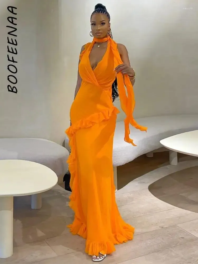 Casual Dresses Boofeenaa Asymmetrical Ruffle Backless Maxi Dress Sexig Orange Evening Party for Woman 2024 Night Club Outfit C16-ED19