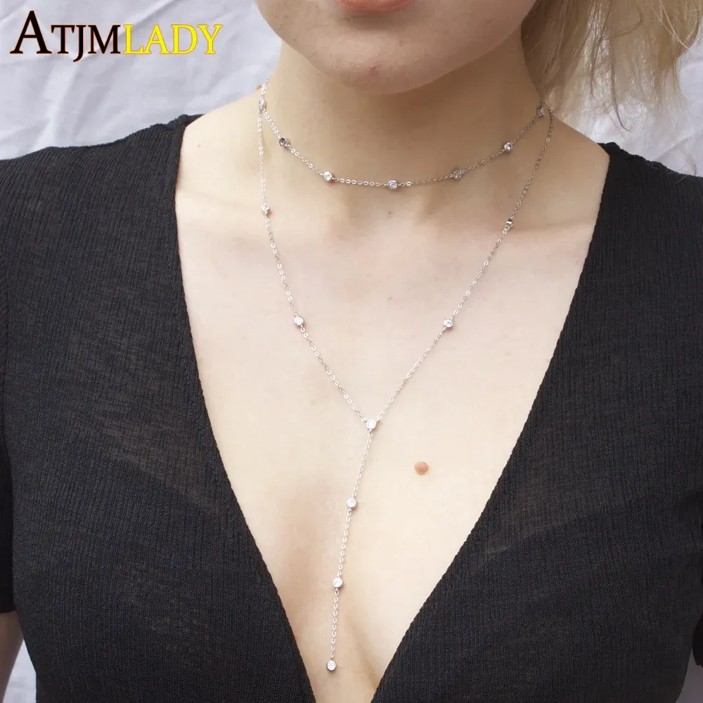 Necklaces 2023 New Women Sexy Necklace 925 Sterling Silver Double Layer Chain With AAA Cubic Zirconia Paved Necklace Y Choker Jewelry