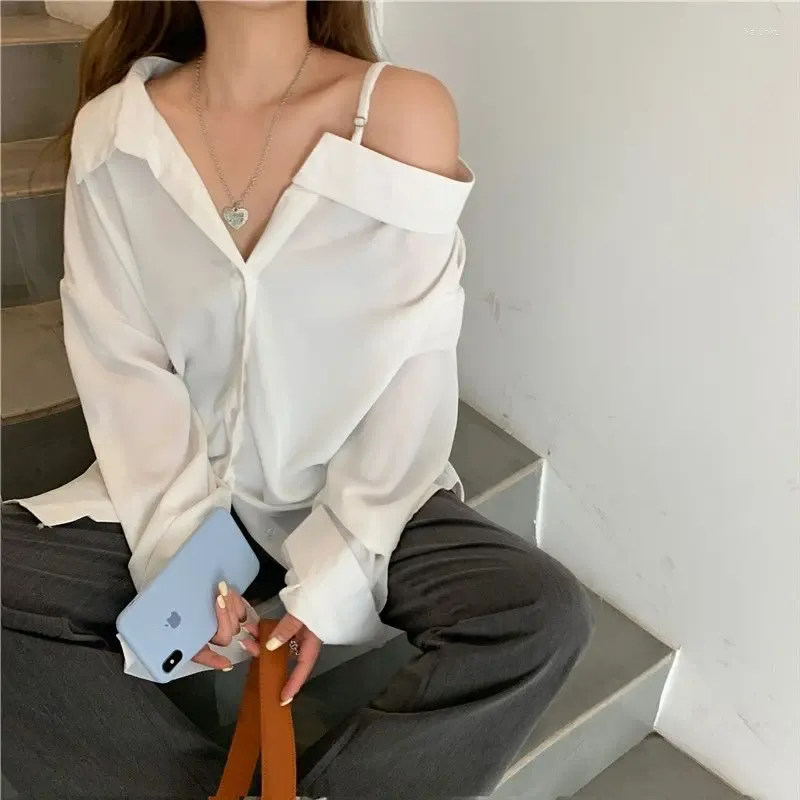 Women's Blouses QWEEK Off Shoulder Women Blouse Korean Style Oversized White Shirts Sexy Long Sleeve Black Tops Female Chic Office Casual