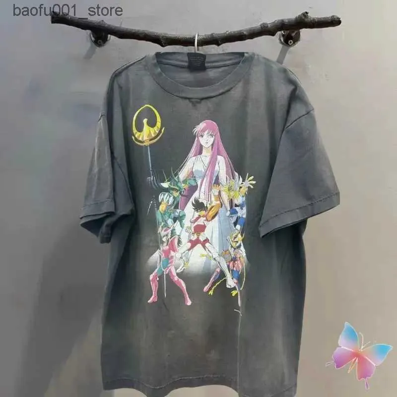 T-shirt da uomo T-shirt oversize Saint Michael T-shirt con stampa anime Lavata Hole Drop spalla manica corta Vintage Street Uomo Donna Cotton Saint Tshirt Q240220