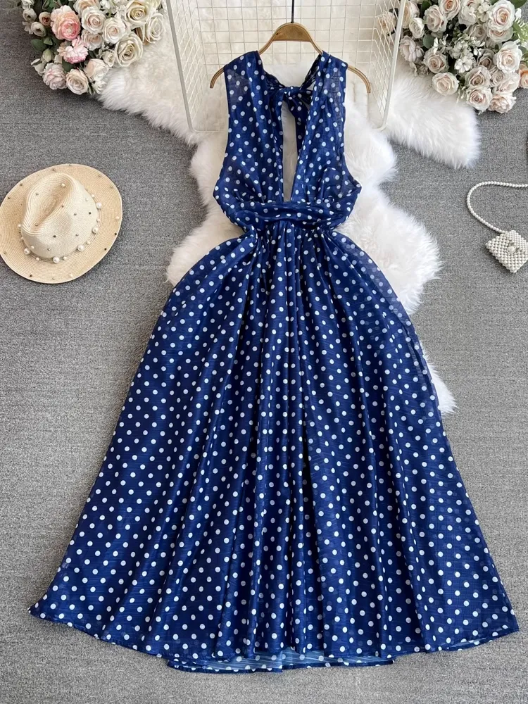 chinese dress ladies Italian Linen Polka Dots Dress - Anicoletta's Boutique