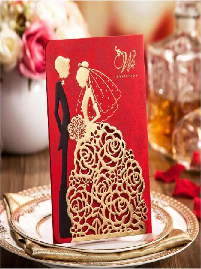 Cartes d'invitation de mariage de grande classe 2017 élégantes découpées au laser or rouge invitations de fête de mariage impression personnaliséeenveloppe2703763