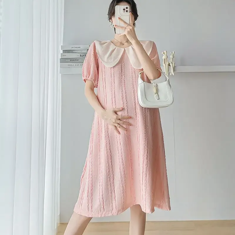 Dresses Maternity Dress Summer New Clothes For Pregnant Women Sweet Fashion Doll Collar Knee Length Pink Dresses Pregnancy Vestidos