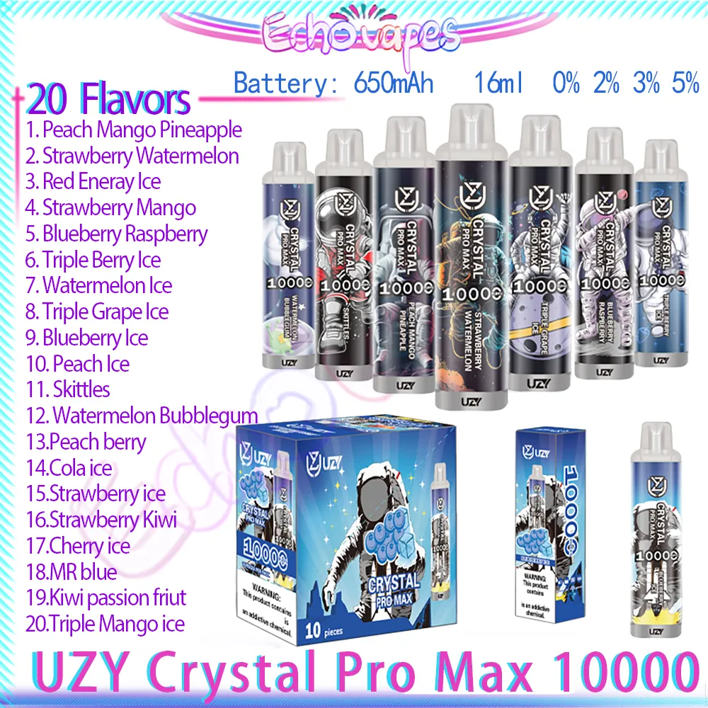 Original UZY Crystal Pro Max 10000 Puff Vape Pen desechable 1.2ohm Bobina de malla 16 ml Pod 1000 mAh Batería recargable Puffs 10K 0% 2% 3% 5% RBG Light Electronic Cigs