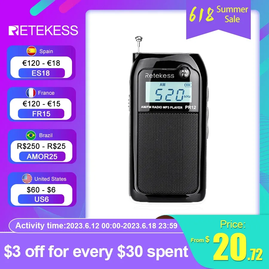 Radio Retekess PR12 Radio FM AM Mini Pocket USB MP3 Portable Odbiornik Odbiornik Digital Digital Stereo Obsługa TF Karta dla osób starszych