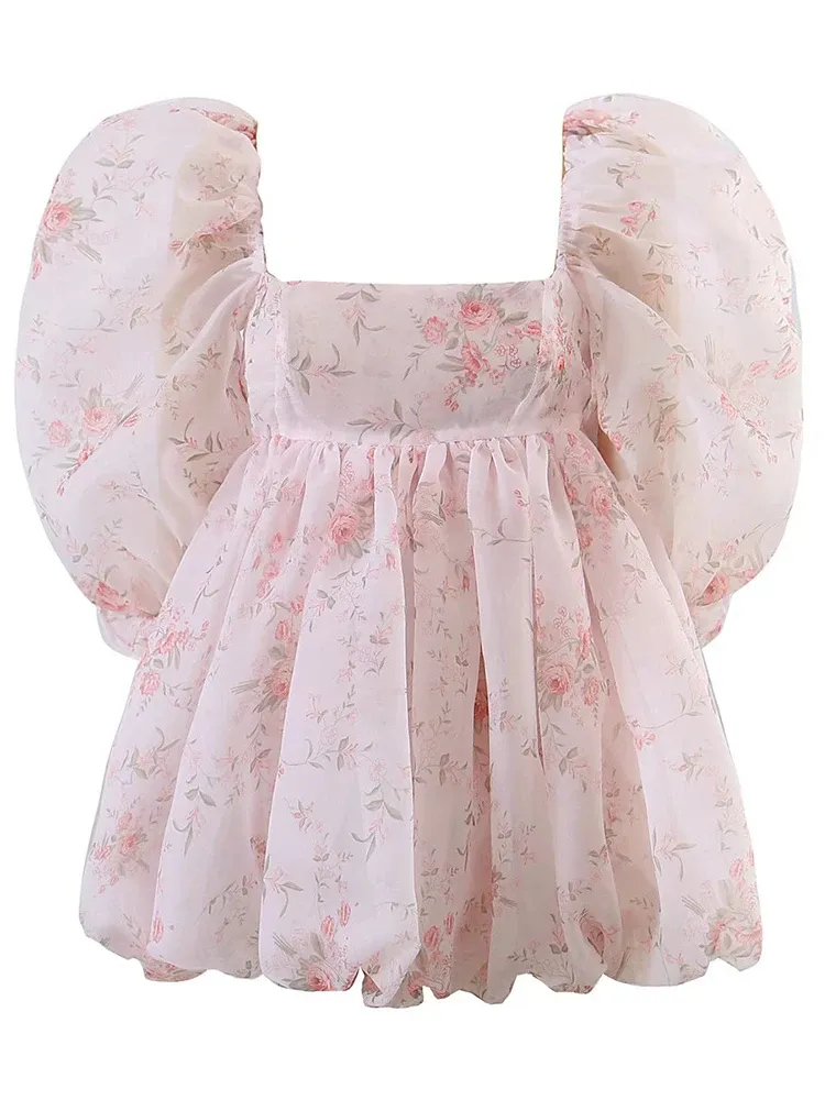 Klänningar yenkye sommar kvinnor blommor tryck rosa organza bollklänning klänning vintage puff hylsa kvinnliga fest mini klänningar supershort mantel