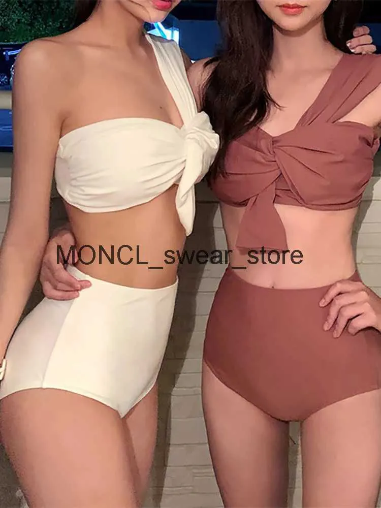 Koreański styl kątowy w stylu Korean Bikini Zestaw Kobiety Biquini Suit Dwa kawałki solidne jedno ramię w kostium kąpielowym Wysokiej jakości plażyh2422088