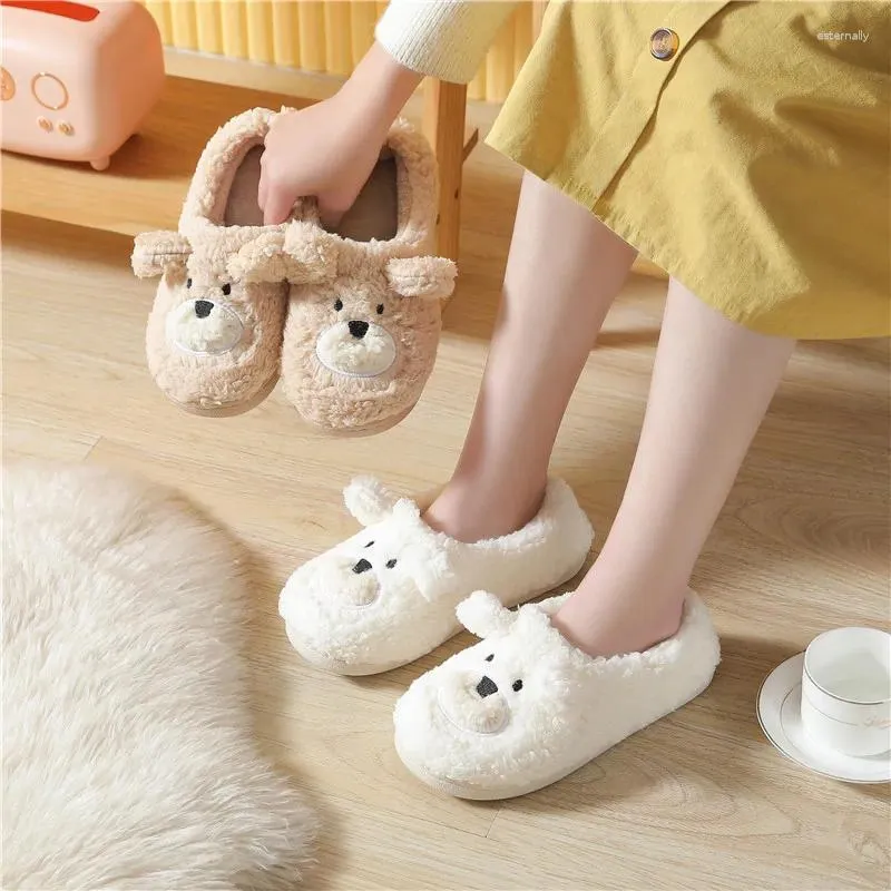 Slippers Autumn Winter Men And Women Couple Cute Dog Cartoon Cotton Warm Soft Non-slip Sweat Bedroom Thermal Insulation Shoes
