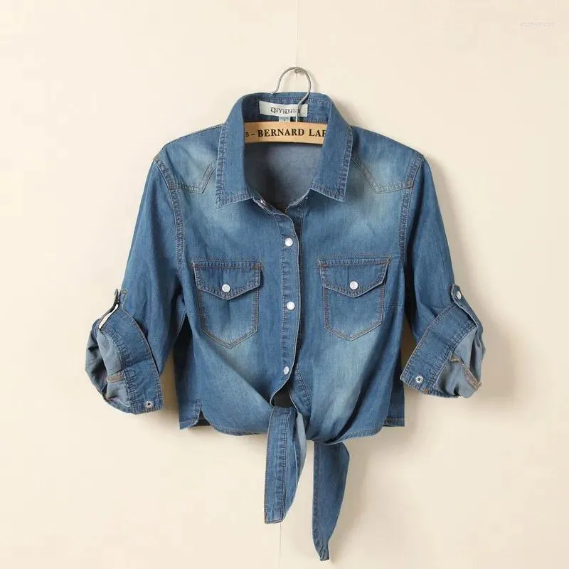 Kvinnors blusar Casual Croped Cotton Denim Shirts For Women Summer Half ärmar Lace Up Shirt Kvinnliga mode Vintage Blus Top 2024