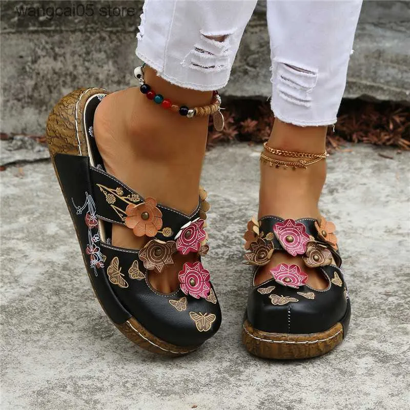 Slippers Ethnic style plum blossom totem thick soled cool for women in summer new style sponge cake heel wrapped slippers for women in non slip T240220