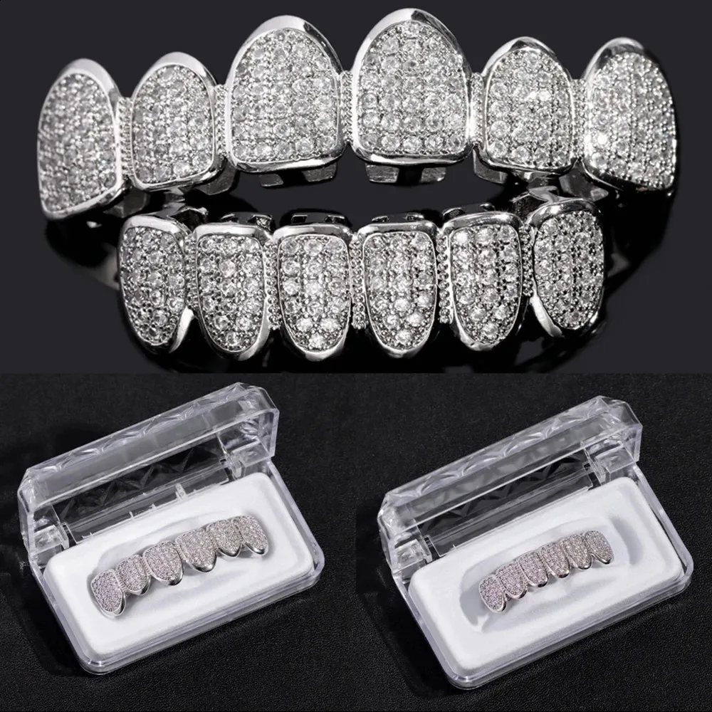 Hip Hop Cube Zircon Teeth Mens Sparkling Ice Gold and Silver Top and Bottom Teeth Grills Set Role Playing Party Jewelry 240220