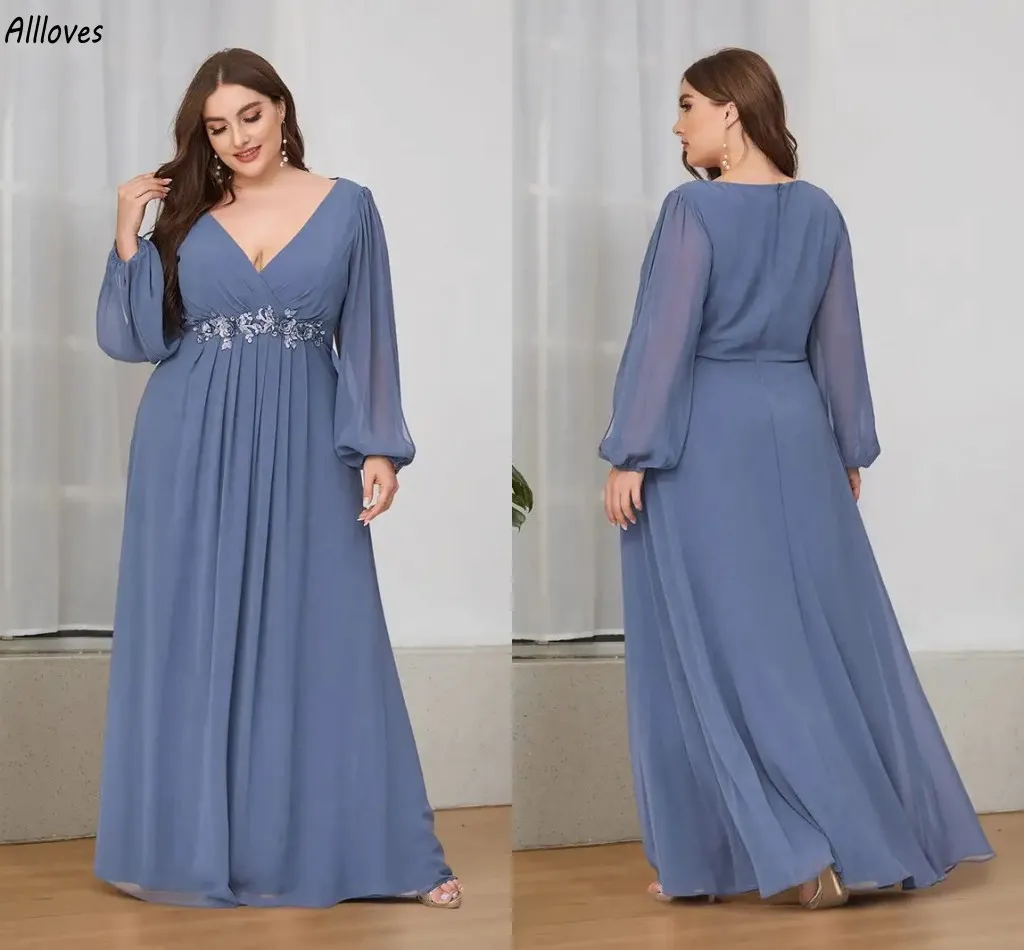 Dusty Blue Long Sleeves Bridesmaid Dresses A Line Chiffon Long Maid Of Honor Gowns Plus Size V Neck Lace Appliqued Rustic Country Wedding Guest Prom Dress CL3304