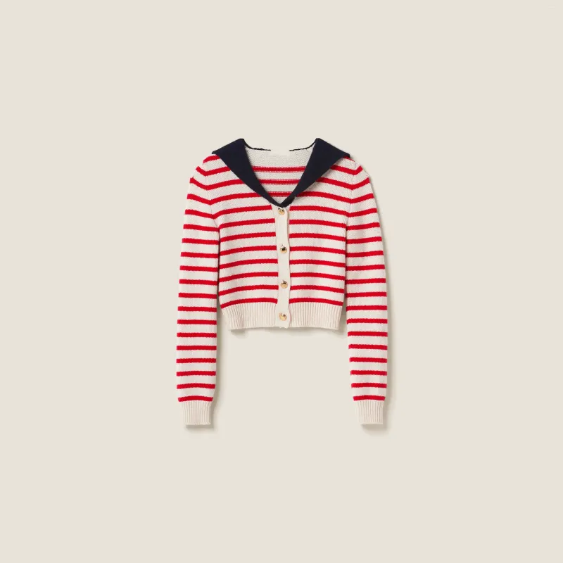 Tricots pour femmes Basic Luxury Femmes Cachemire Stripe Knit Cardigan en rouge Tan Sweet Sailor Collier manches longues Crop Top Preppy Style SS24