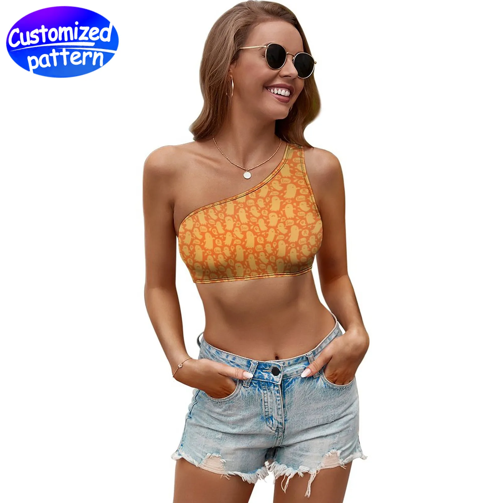 Custom Women's Slant Shoulder Halter Top HD Pattern Comfortable Breathable crop top Fashion casual short vest exposed 90% polyester +10% Spandex 86g Orange