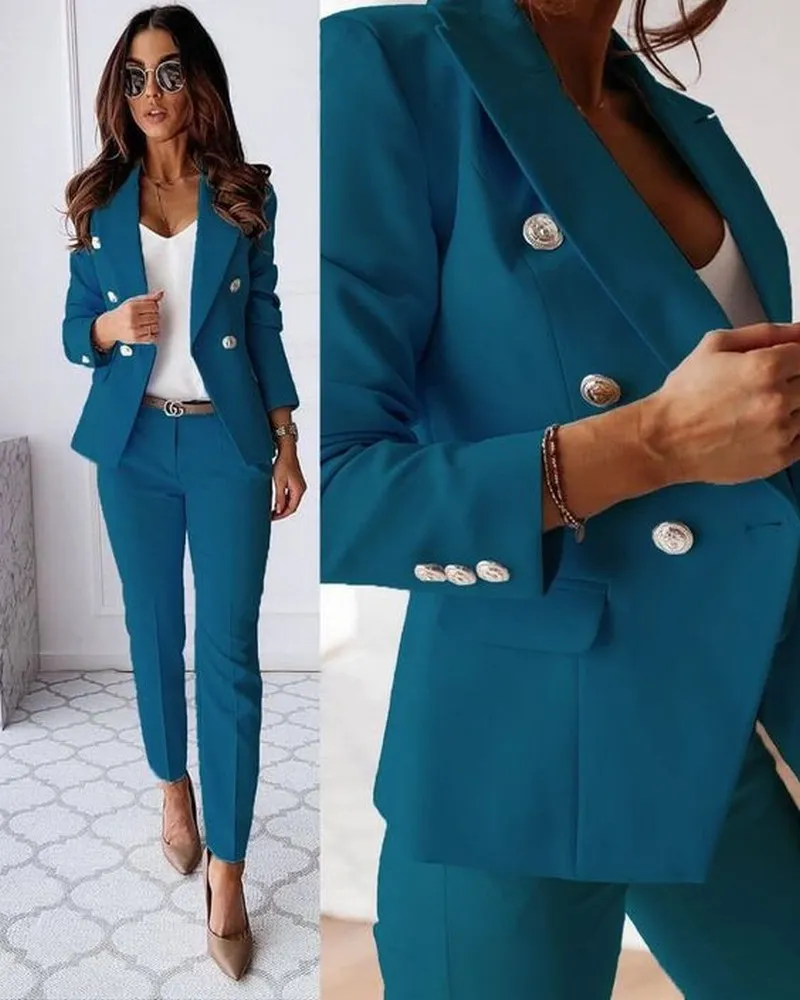 Novo azul feminino ternos senhora formal negócios escritório smoking mãe festa de casamento ocasiões especiais senhoras conjunto de duas peças calças jaqueta a35