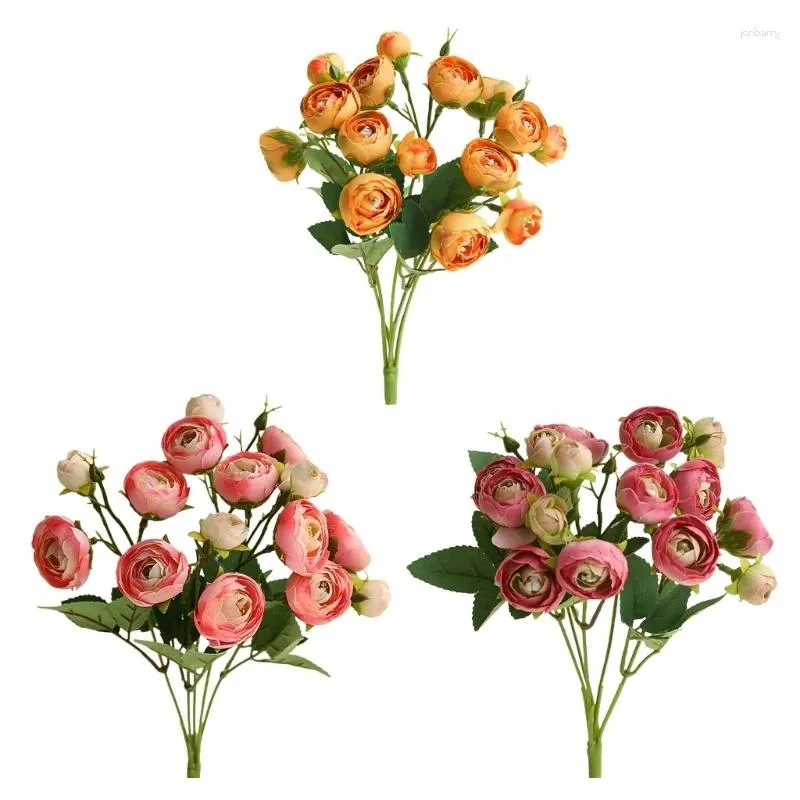 Fiori decorativi Fiore di seta 15 teste Rosa artificiale Camelia Bouquet Centrotavola per tavoli Vaso Decorazione di nozze Po Prop