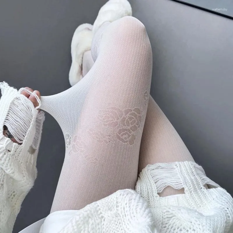 Kvinnliga strumpor japanska harajuku rose blomma tryck strumpbyxor söta jacquard twill mönstrade tights bottoming strumpor strumpor