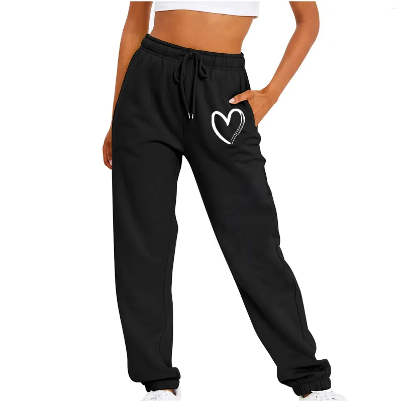 Calças femininas impressas casual esportes cintura desenhar em rendas até elástico pequenas pernas bolso feminino jogging solto sweatpants