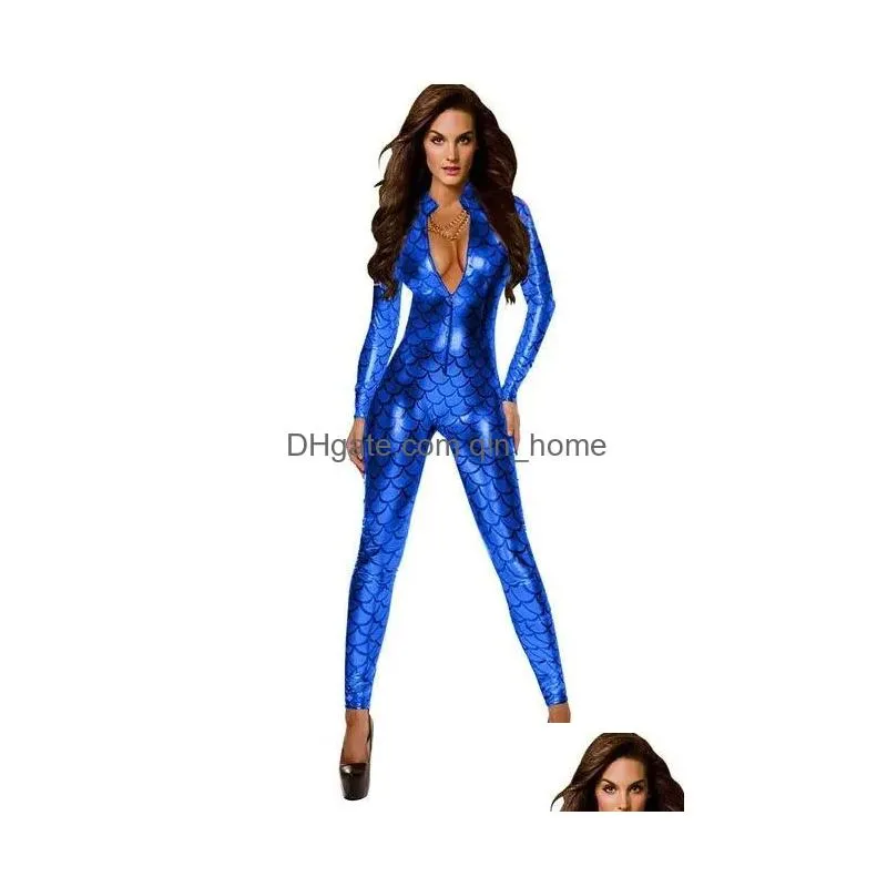 Sexy Costumes 4 Colors Fish Dragon Scales Women Jumpsuit Metallic Catsuit Front Zipper Bodycon Exotic Mermaid Cosplay Ds Stage Drop Dhew1