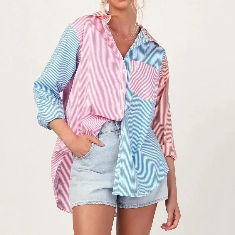 Blusas femininas retalhos cor bloco blusa casual pulôver impressão de manga comprida botão para baixo camisa bolso no peito feminino 2024 outono