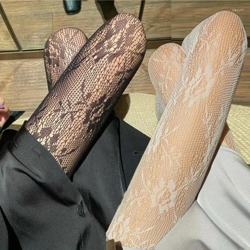 Women Socks Lace Rattan Flower Sexy Stockings Black White Hollow Jacquard Fishnet Nylon Elastic Tights Pantyhose Underwear