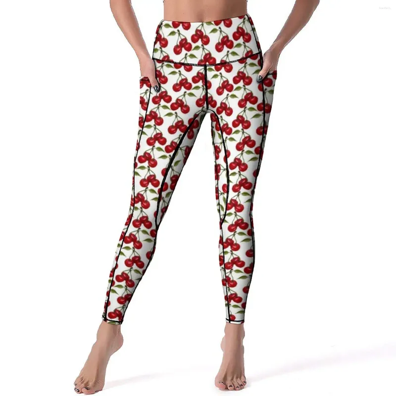 Leggings femininas aquarela frutas impressão sexy muito vermelho cereja cintura alta calças de yoga respirável elástico leggins design feminino