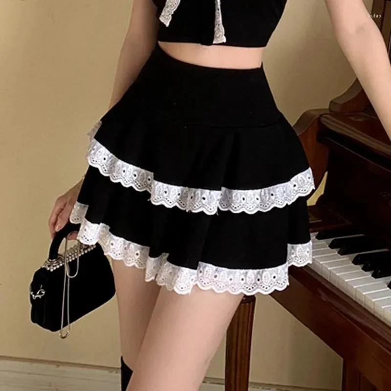 Skirts 2024 Women Japanese Gothic Mini Harajuku Lace Ruffles High Waist JK Skirt Lolita Style Girls Sexy Punk Tiered