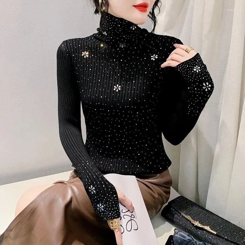 Kvinnors tröjor 2024 Fall Winter European Clothes Knitwear Turtleneck Sweater Chic Sexig Shiny Diamonds Women Long Sleeve Drilling Tops