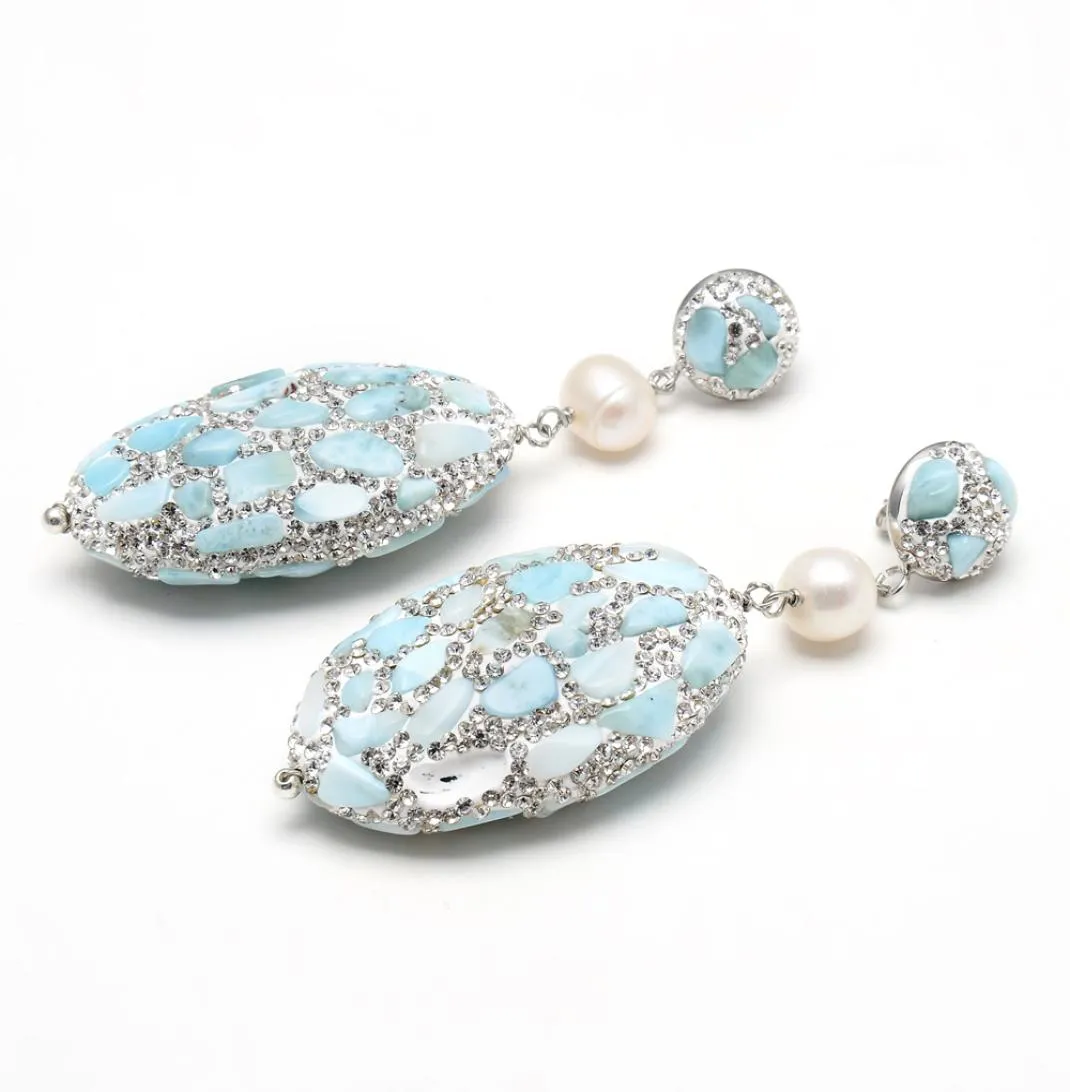 GuaiGuai Gioielli Natural Blue Larimar Argento Colore Strass Pave Ovale Coltivato Bianco Rotondo Perla Larimar Orecchini a bottone per Donna4145200