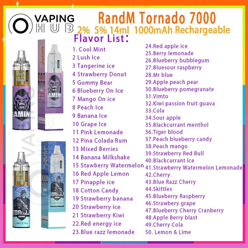 RandM Tornado 7000 Puff Disposable Vape Pen Mesh Coil rechargeable 1000mAh Battery Vapers 2%5% 14ml Prefilled Pod 50 Flavors puffs 7000 E Cigarette